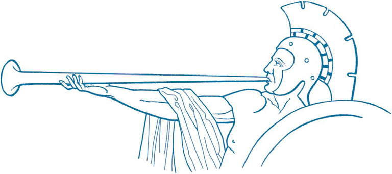 Line drawing of a Roman blowing a long trumpet