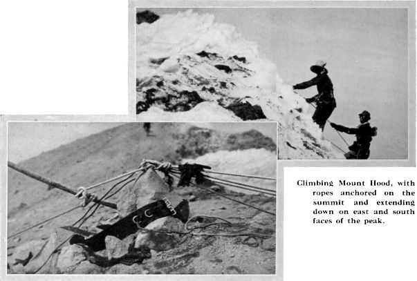 Climbing Mount Hood, with ropes anchored on the summit and extending down on east and south faces of the peak.