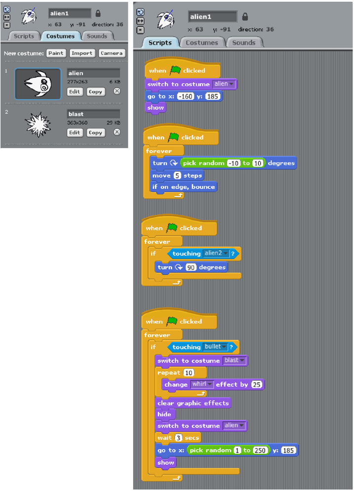 The alien1 sprite’s costume tab (left) and complete script (right).