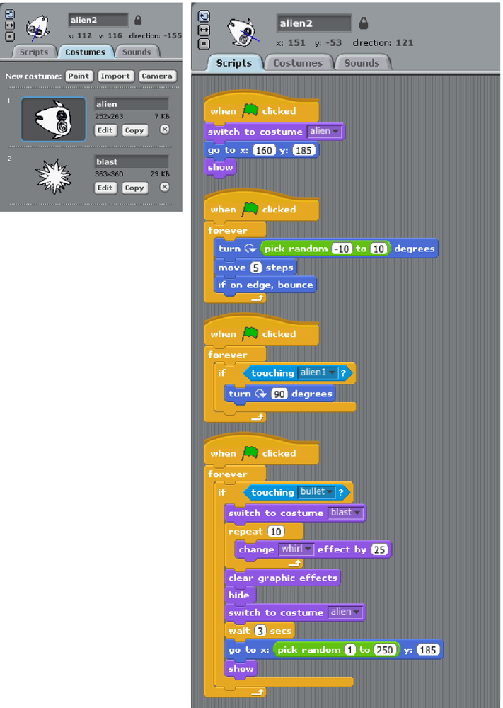 The alien2 sprite’s costume tab and complete script.