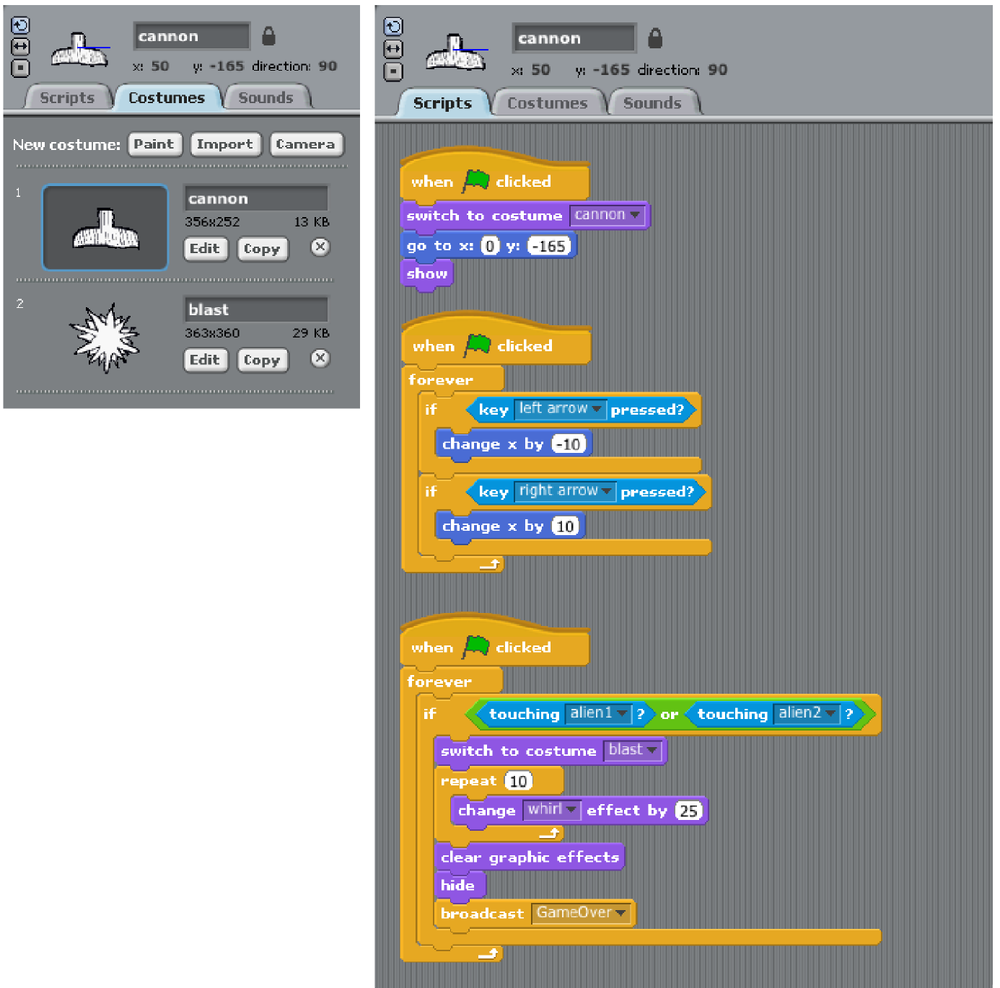 The cannon sprite’s costume tab and complete script.