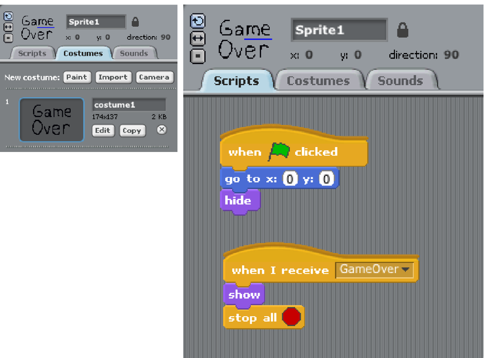 The gameover sprite’s costume tab and complete script.