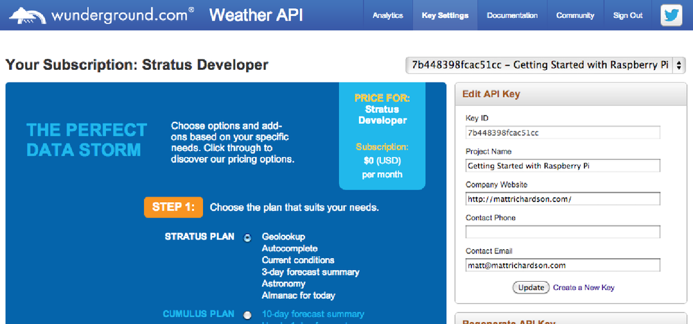 Matt’s Weather Underground API account, with the API key in the upper right.