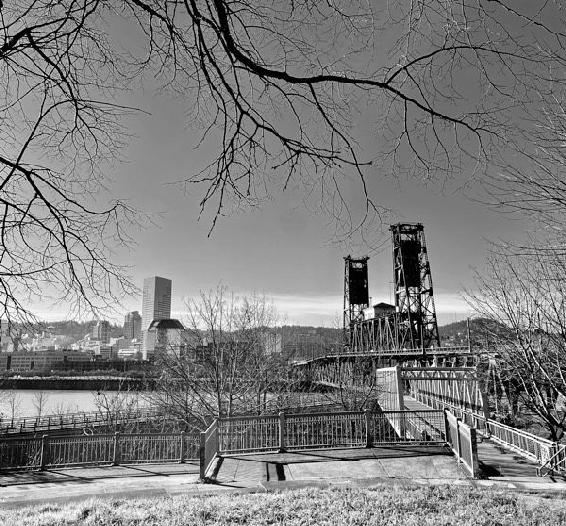 “Big Pink” and Steel Bridge, Portland, Oregon.