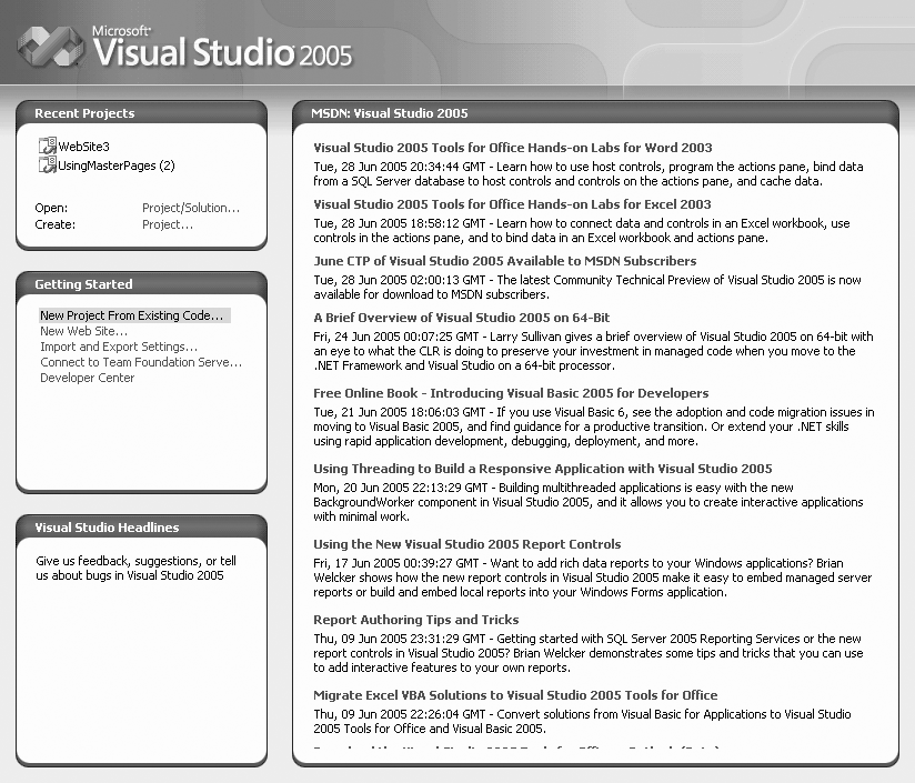 Visual Studio start page