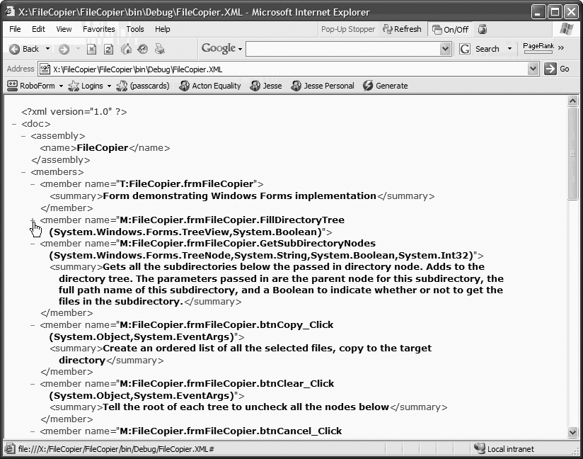 Reviewing the XML documentation in Internet Explorer