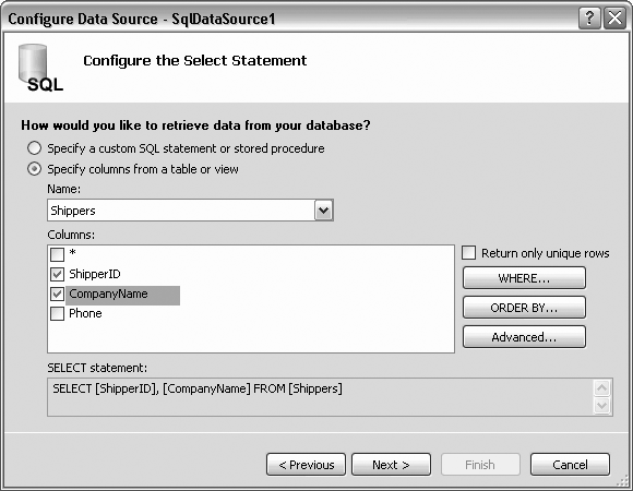 Selecting fields in the shippers table