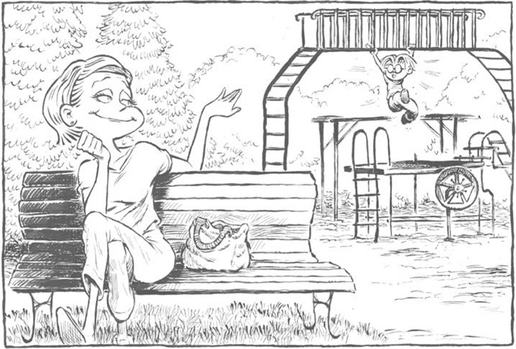 Rube’s mom is seated at a bench in the playground and Rube is in the background hanging on a  jungle gym.