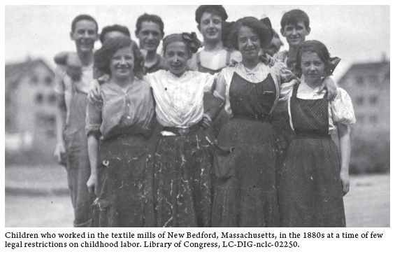 Image: Children who worked in the textile mills of New Bedford, Massachusetts, in the 1880s at a time of few legal restrictions on childhood labor. Library of Congress, LC-DIG-nclc-02250.