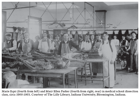 Image: Marie Equi (fourth from left) and Mary Ellen Parker (fourth from right, rear) in medical school dissection class, circa 1900-1903. Courtesy of The Lilly Library, Indiana University, Bloomington, Indiana.