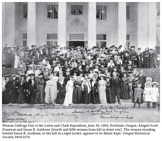 Image: Woman Suffrage Day at the Lewis and Clark Exposition, June 30, 1905, Portland, Oregon. Abigail Scott Duniway and Susan B. Anthony (fourth and fifth women from left in front row). The woman standing behind Susan B. Anthony, to the left in a lapel jacket, appears to be Marie Equi. Oregon Historical Society, bb013170.