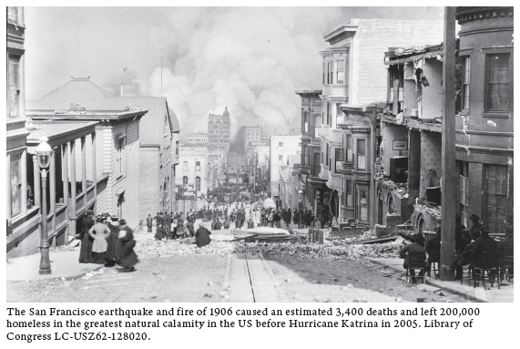 Image: The San Francisco earthquake and fire of 1906 caused an estimated 3,400 deaths and left 200,000 homeless in the greatest natural calamity in the US before Hurricane Katrina in 2005. Library of Congress LC-USZ62-128020.