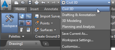 Snippet image of the Workspace selection on the toolbar displaying the drop-down list with the cursor on the Civil 3D option.