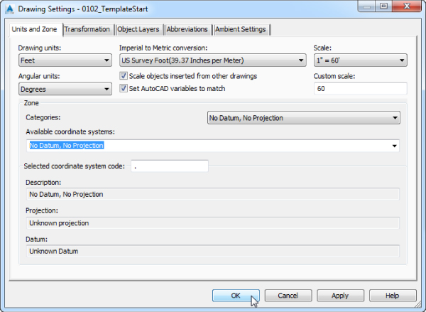 Screenshot of the Drawing Settings dialog box presenting Units and Zone tab with the highlighted No Datum, No Projection of the Available coordinated systems setting.