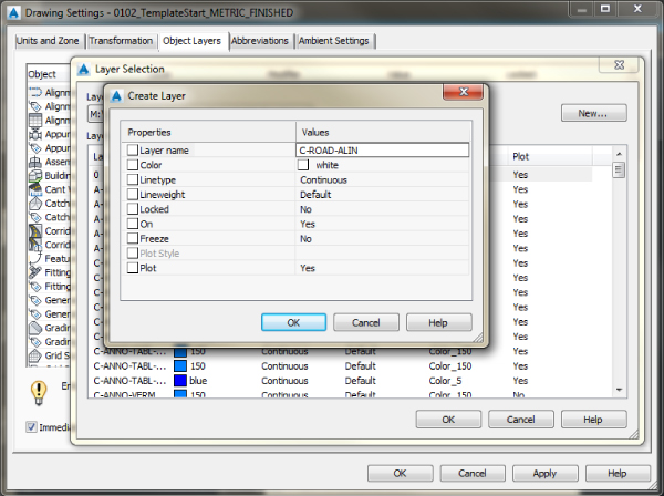 Screenshot of the overlapping dialog boxes: Drawing Settings dialog box presenting Object Layers tab, Layer Selection dialog box with New button (right), and Create Layer dialog box with unmarked Properties.