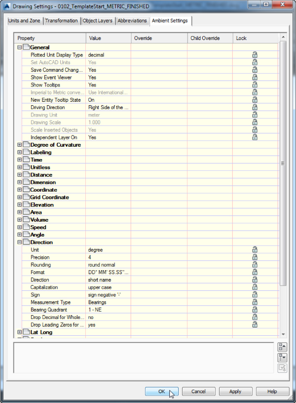 Screenshot of the Drawing Settings dialog box presenting Ambient Settings tab with a table of five columns: Property, Value, Override, Child Override, and Lock.