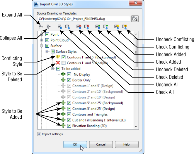 Screenshot of Import Civil 3D Styles dialog box with properties and icons labeled accordingly.