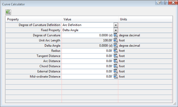 Screenshot of Curve Calculator dialog box with the mouse pointer on the icon at the upper left of the dialog. A table is displayed with three columns: Property, Value, and Units.