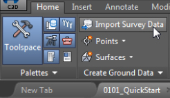 Snippet image of the Home tab presenting the Palettes panel and Create Ground Data panel. Cursor points the Import Survey Data option in Create Ground Data panel.