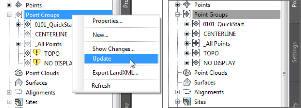 Snippet images of the right-click menu of Point Groups collection displaying the highlighted Update command (left) and the updated Point Groups collection (right).