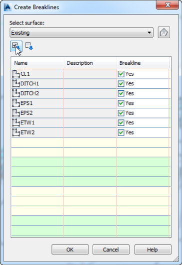 Screenshot of Create Breaklines dialog box displaying the selected Check All option. All checkboxes on Breakline column are marked.