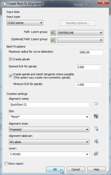 Create Best Fit Alignment dialog box with COGO points as Input Type, Path 1 point group set to CENTERLINE, and QuickStart CL in Alignment name field. The Show report checkbox is unchecked.