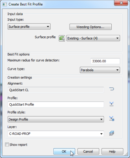 Screenshot of Create Best Fit Profile dialog box presenting QuickStart Profile in the profile name field with Design Profile as style. Show report checkbox is unchecked. The cursor points OK button.