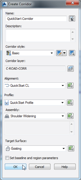 Create Corridor dialog presenting QuickStart Corridor with Alignment set to QuickStart CL, Profile to QuickStart Profile, Assembly to Shoulder Widening, and Target Surface to Existing. The cursor points OK.