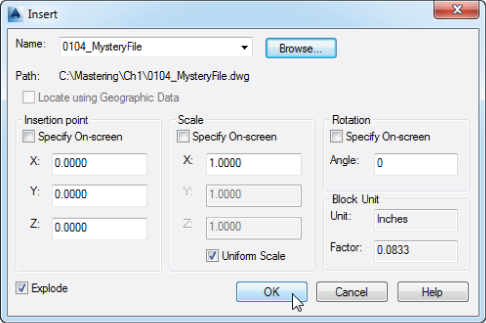 Screenshot of Insert dialog box with highlighted Browse button; unchecked boxes for Insertion Point, Scale, and Rotation; and checked box for Explode. The mouse pointer is on the OK button at the bottom.