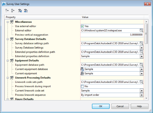 Survey User Settings dialog displaying five properties: Miscellaneous, Survey Database Defaults, Equipment Defaults, Linework Processing Defaults, and Figure Defaults.