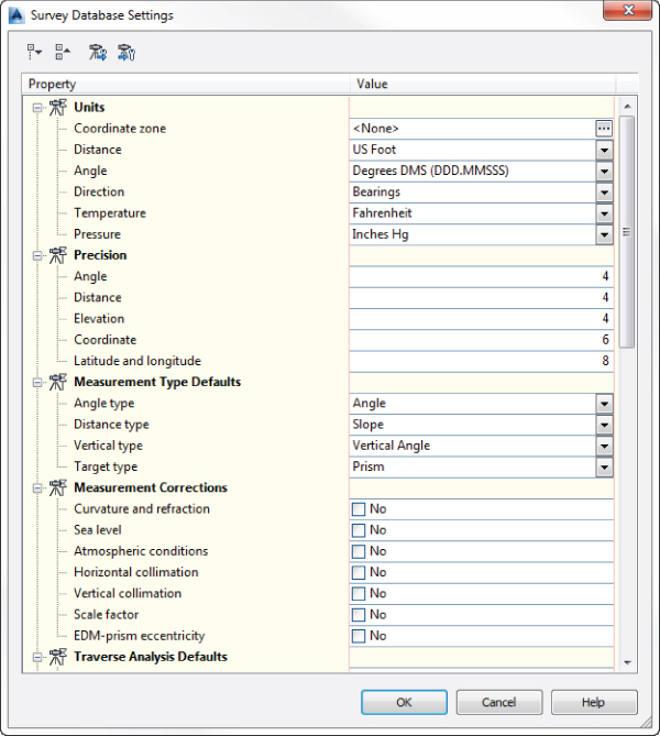 Survey Database Settings dialog displaying five properties: Units, Precision, Measurement Type Defaults, Measurement Corrections, and Traverse Analysis Defaults.