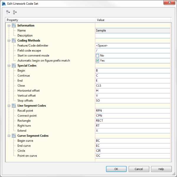 Screenshot of Edit Linework Code Set dialog box displaying five properties: Information, Coding Methods, Special Codes, Line Segment, and Curve Segment Codes.