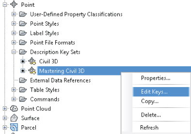 Screenshot of the right-click menu of Mastering Civil 3D under Description Key Sets. Edit Keys command is selected.