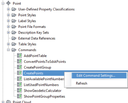 Snippet image of the right-click menu of CreatePoints command listing Edit Command Settings and Refresh options. The Edit Command Settings is highlighted.