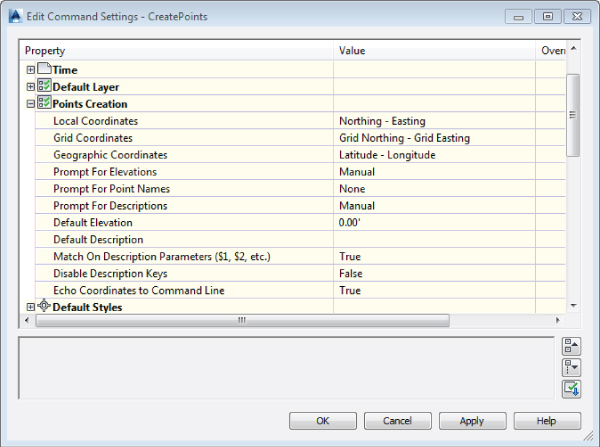 Screenshot of Edit Command Settings – CreatePoints dialog box displaying Points Creation property with Match on Description Parameter set to True and Disable Description Keys set to False.