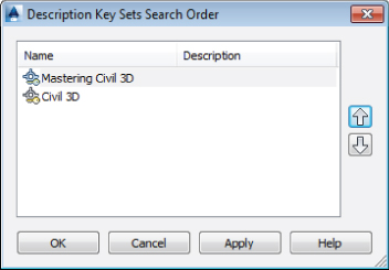 Screenshot of Description Key Sets Search Order dialog box presenting Mastering Civil 3D and Civil 3D. The former is highlighted. On the right side of the dialog are buttons with upward and downward arrows.