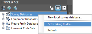 Snippet image of the right-click menu of Survey Databases: New local survey database, Set working folder, and Refresh. The Set working folder is highlighted.