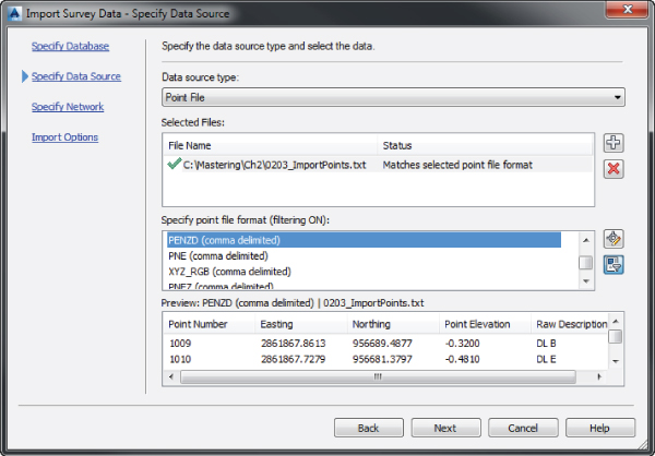 Import Survey Data dialog box presenting Data source type set to Point File and Specify Point File Format (filtering ON) set to PENZD (comma delimited). Back, Next, Cancel, and Help buttons are at the bottom right.