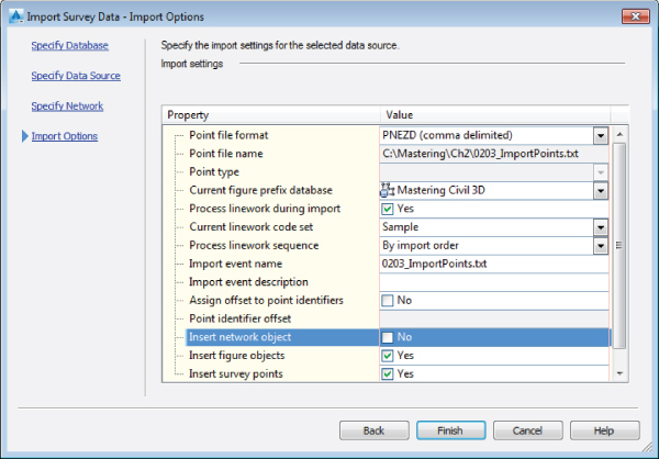 Screenshot of Import Survey Data – Import Options dialog box presenting Current Figure Prefix Database set to Mastering Civil 3D, Process Linework during import option to Yes, and Insert survey points to Yes.