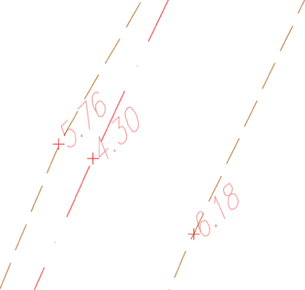 Three parallel dashed diagonal lines with points labeled 5.76, 4.30, and 6.18 from left to right, respectively.