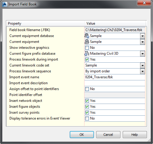 Screenshot of Import Field Book dialog box displaying marked checkboxes of Process linework during import, Insert network object, Insert figure objects, and Insert survey points.