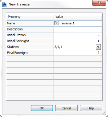 Screenshot of New Traverse dialog box presenting a table with 2 columns: Property, which lists name, description, initial station, initial backsight, stations, and final foresight, and Value.