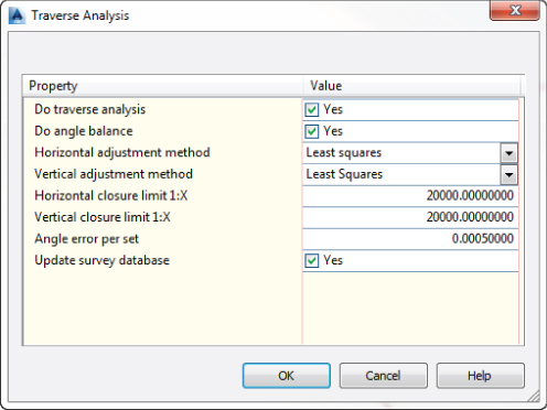 New Traverse dialog box presenting checked Yes checkboxes for Do Traverse Analysis, Do Angle Balance, and Update Survey Database with Horizontal Closure Limit 1:X and Vertical Closure Limit 1:X set to 20,000.