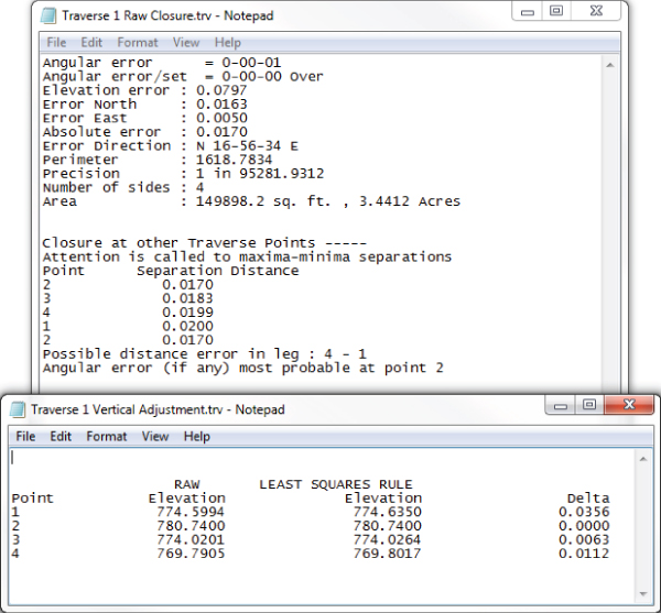 Screenshot of two notepad files: Traverse 1 Raw Closure.trv and Traverse 1 Vertical Adjustment.trv.