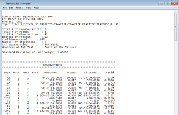 Screenshot displaying the statistical and observation data portion of the Traverse 1.Iso notepad file.