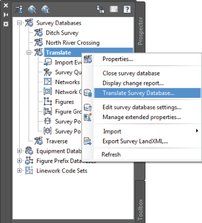 Screenshot of the right-click menu of Translate tool listing nine commands. Translate Survey Database command is highlighted.