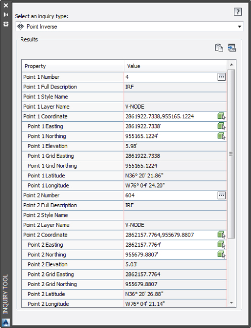 Screenshot of the Inquiry Tool palette presenting Point Inverse results with two columns: Property and Value.