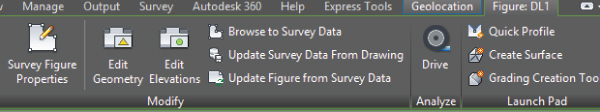 Snippet image of the Figure contextual tab of the ribbon displaying Modify, Analyze, and Launch Pad panels. Survey Figure Properties button can be found on the Modify panel.