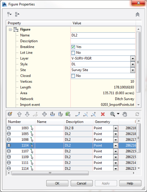 Screenshot of Figure Properties dialog box displaying details in tabular form with the highlighted 1104 row at the bottom.