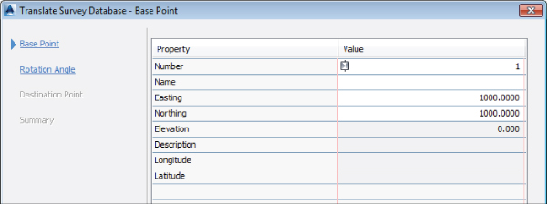 Screenshot of the Translate Survey Database dialog box presenting the BasePoint tab with 1 listed under Value column of the Number property.